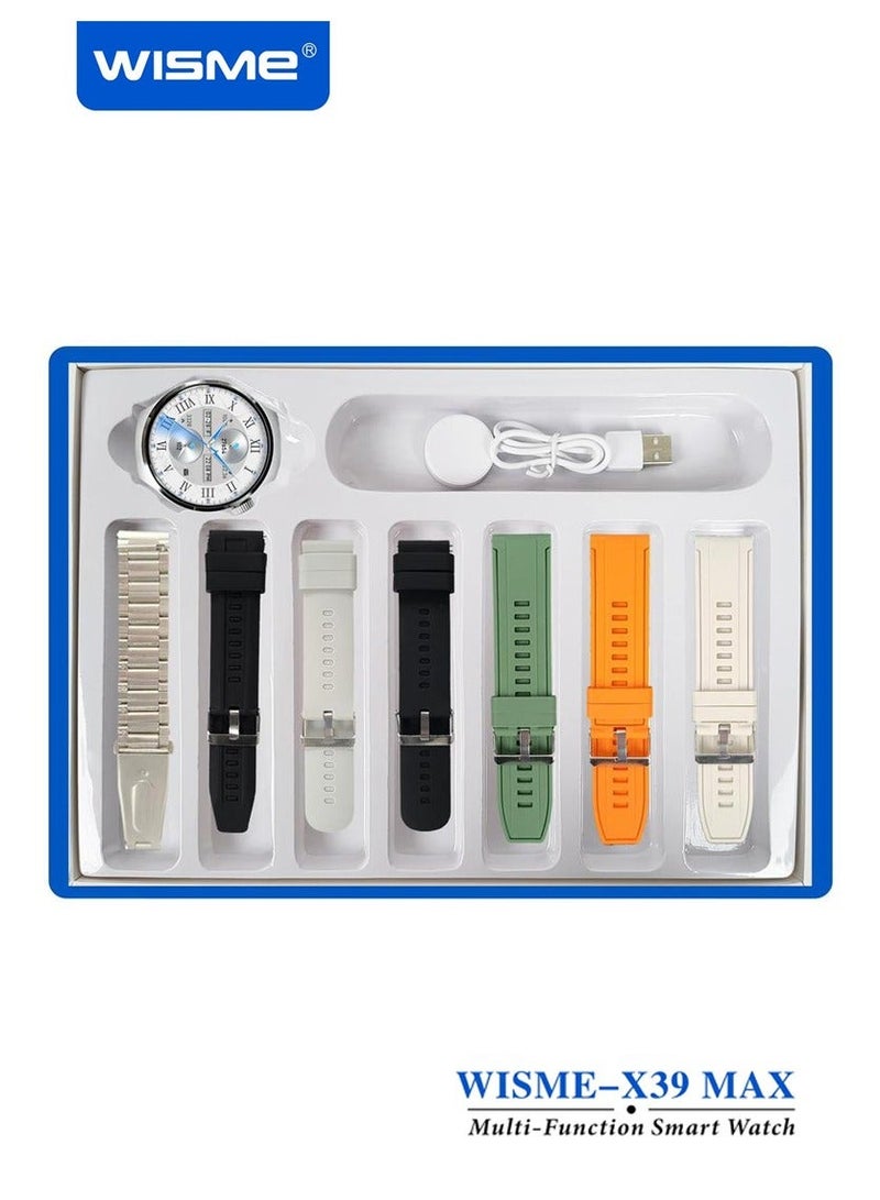WISME X39 MAX Multi-Function Smart Watch With 7 Pair Straps and Charging Cable Designed for Mens Silver - Image 2
